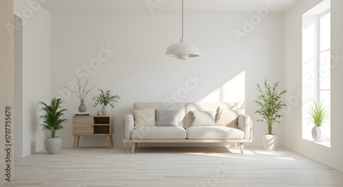 “Scandinavian Minimalist Living Room with Indoor Plants and Sunlight”