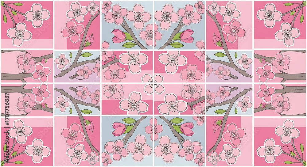 Cherry Blossom Patchwork Pattern Seamless Pink and Blue Floral Textile Design Cherry Blossom Patchwork Pattern Seamless Pink and Blue Floral Textile Design
