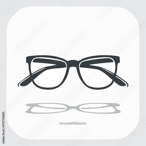 Simple illustration of rectangular eyeglasses, classic style, dark frame, reflective surface.