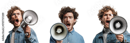 Set of man wearing a sky color shirt and holding up a megaphone in the air isolated on a transparent background