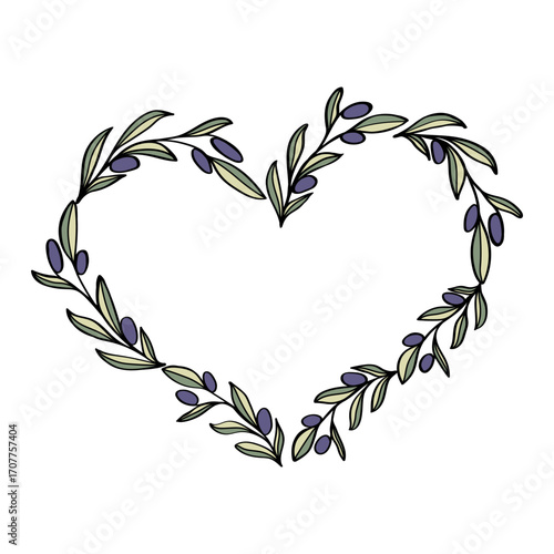 Olive branch heart frame for card or invite. Greenery boarder