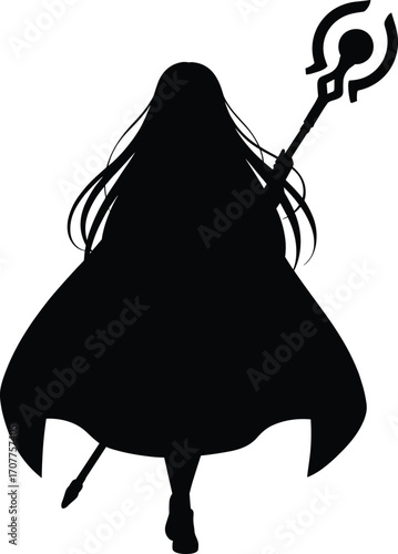 Silhouette of fantasy sorceress with staff, magical female character art, anime style wizard girl vector, RPG game character design