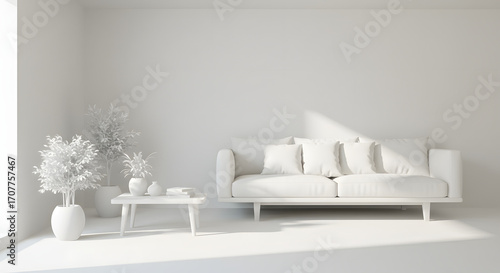 “Scandinavian Minimalist Living Room with Indoor Plants and Sunlight”