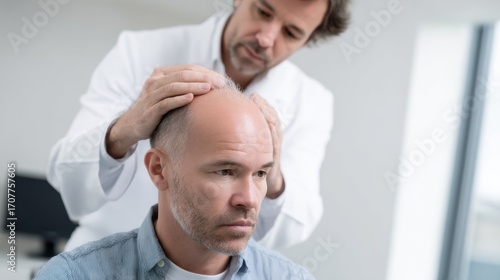 Doctor examines middle aged man with bald spot, providing consultation in modern medical office. atmosphere conveys professionalism and concern for patient hair loss
