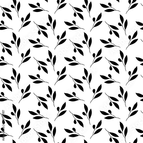 Olive branch hand drawn silhouette leaves seamless pattern for textile design. Simple line art monochrome background