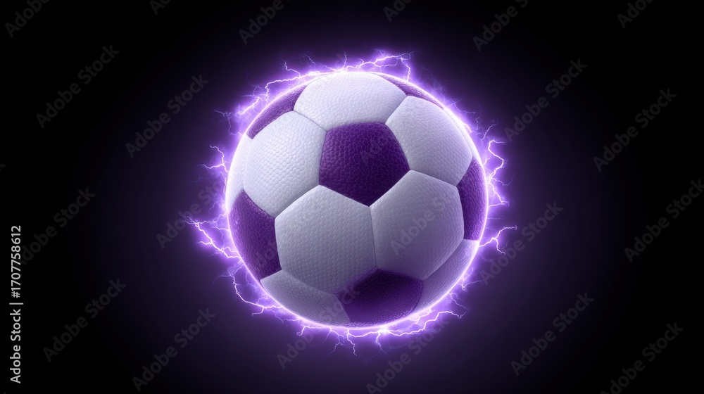Fototapeta premium Colorful Soccer Ball with Glow Effect and Electric Lightning on Black Background for Dynamic Sports Imagery