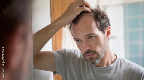 Middle aged man examines his thinning hair in bathroom mirror, showing concern about his appearance. setting is intimate and personal, reflecting moment of self reflection