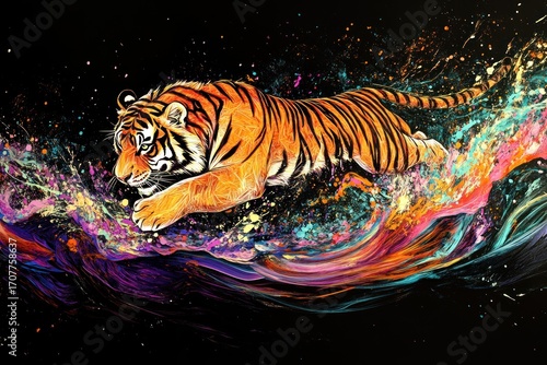 Wallpaper Mural Abstract tiger leaping through vibrant, colorful waves Torontodigital.ca