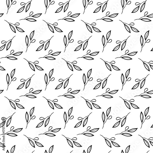 Olive branch hand drawn leaves seamless pattern for textile design. Simple line art monochrome background
