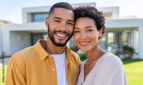 Happy couple standing close together in front of modern white house on a sunny day with green lawn and blue sky, concept of real estate ownership, home investment, love and new beginnings