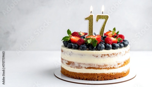 Seventeenth Birthday Cake with Strawberries, Raspberries, and Blueberries, A Festive Cake Celebrating Seventeen Years with Fresh Berries and Glittering Candles