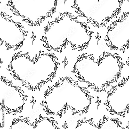 Olive branch heart frame hand drawn leaves seamless pattern for textile design. Simple line art monochrome background