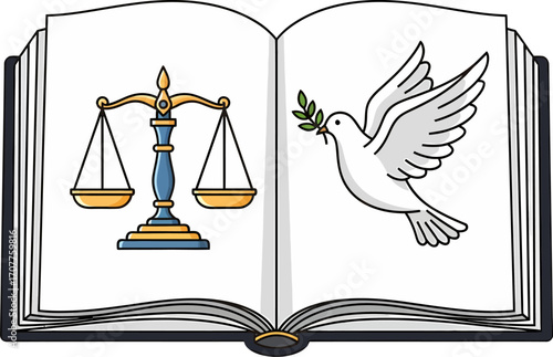 An open book displays the scales of justice on the left page and a dove carrying an olive branch on the right page.