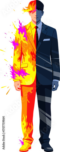 A man split down the middle, one half engulfed in flames and the other in a dark suit, symbolizing duality.