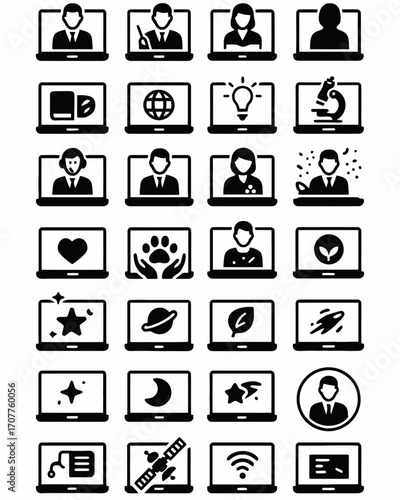 A diverse collection of solid black glyph icons representing online services, remote work, e-learning, telehealth, and digital communication concepts