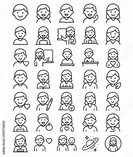 Minimalist avatar icon set featuring diverse people, expressions, and conceptual symbols for web and app design
