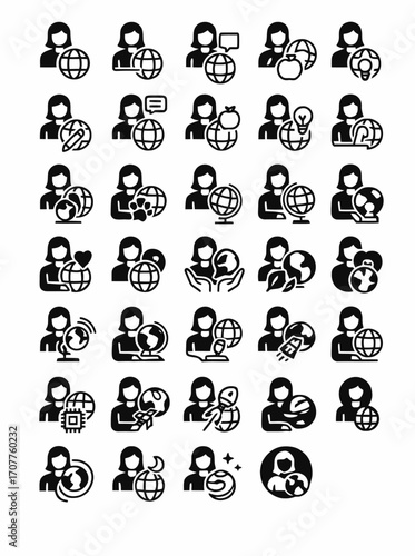 Woman and globe icon set. A collection of vector symbols for global concepts like international business, worldwide communication, and social networking