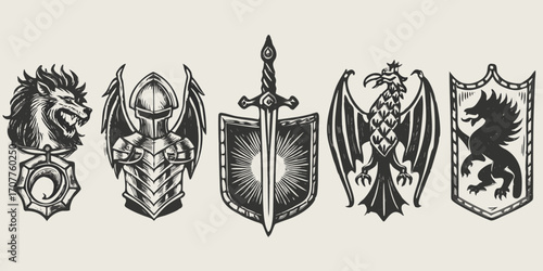 Collection of fantasy heraldic crests featuring a wolf knight armor sword and shield dragon and lion emblem