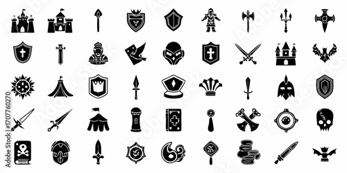 Collection of fantasy game icons featuring castles shields swords helmets and other warrior symbols
