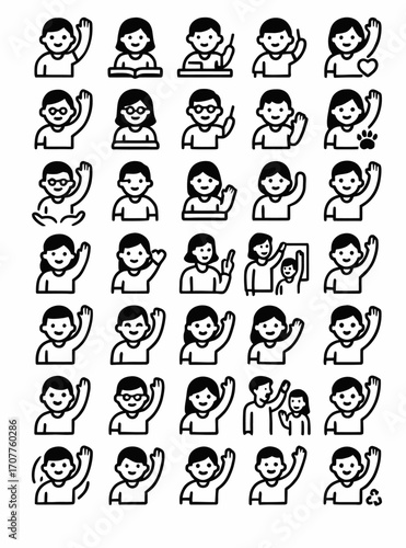 Set of diverse people icons waving hello or goodbye. Simple line art avatars and pictograms for communication