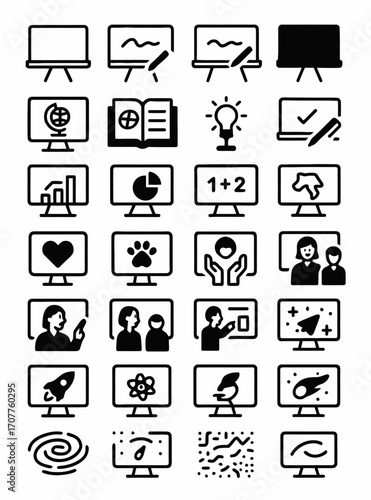 Comprehensive set of black glyph icons representing online education, e-learning, and virtual classroom subjects for digital platforms