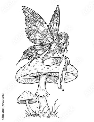 Tranquil Fairy on Mushroom. coloring page