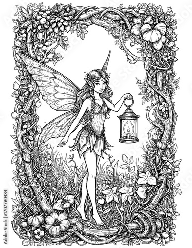 Enchanted Unicorn Fairy with Lantern in Nature Frame Coloring Page. coloring page