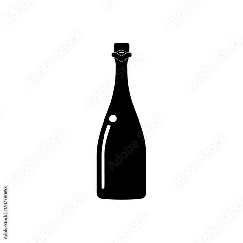 Silhouette of a champagne bottle with cork on transparent background