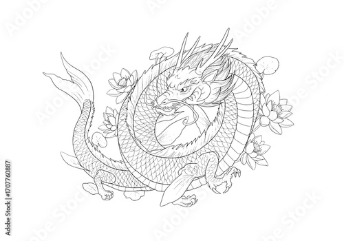 Dragon and Lotus Flowers Line Art. coloring page