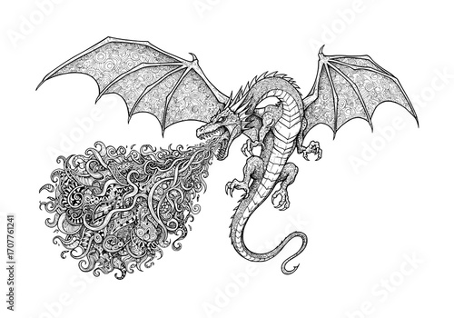 Detailed Dragon Breathing Fire Black and White Illustration
