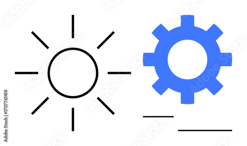 Black sun icon beside blue gear, representing a balance between nature, innovation, sustainability, and automation. Ideal for themes thumbs up eco-technology, solar energy, engineering, renewable