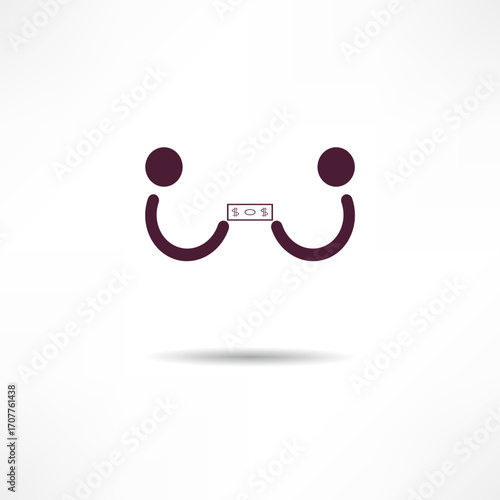 Two smiling faces holding a dollar bill in an abstract design representing financial joy and positive transactions in a minimalist style