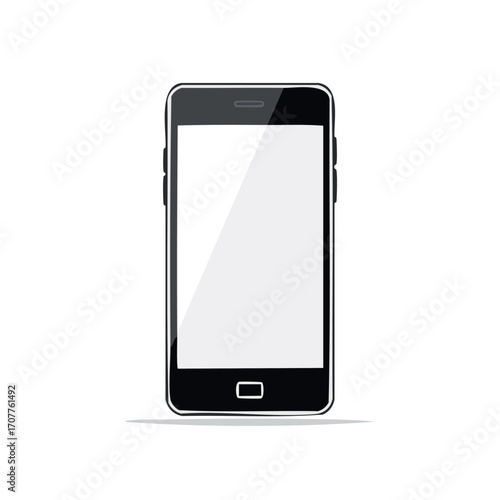 A modern black smartphone with a blank white screen, presented on a white background.