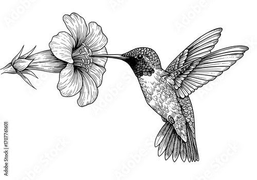 Detailed black and white hummingbird delicately feeding from a vibrant flower blossom, elegant design