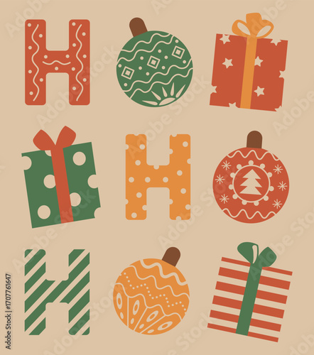 Christmas holiday decoration greeting card. Vintage colors, vector illustrations of balls, gifts and letters in flat style, hohoho text poster.