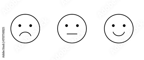 emoticon icon set, three emoji - happy, sad and neutral, symbol of smiley face