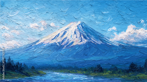 Vector illustration of mountain Fuji, oil painting, impasto technique