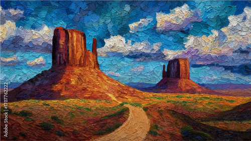 Vector illustration of Monument Valley sandstone, oil painting in impasto style.