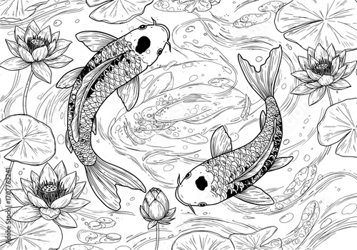 Koi fish and lotuses in a pond