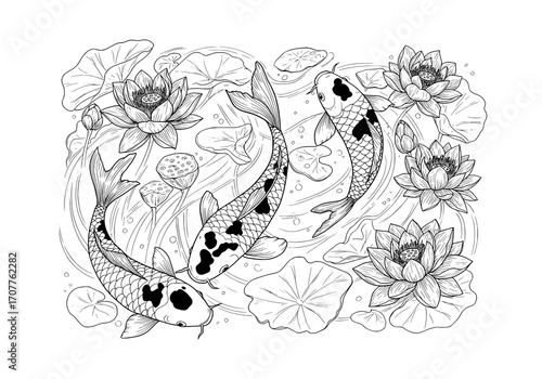 Koi Fish and Lotus Flowers Line Art