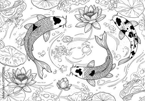 Koi Fish and Lotus Pond Line Art