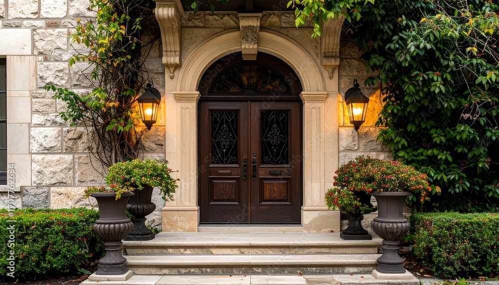 Fototapeta premium Elegant stone entranceway with ornate wooden doors