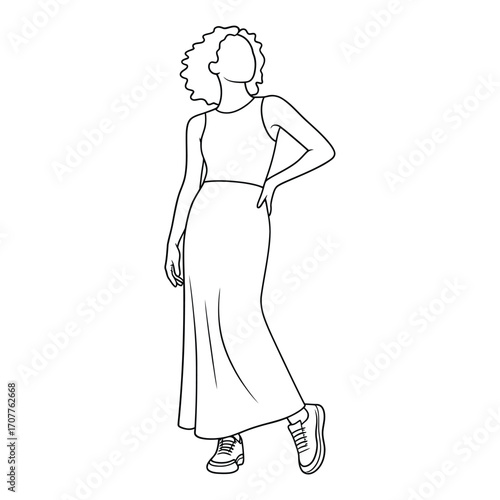 Stylized outline of a woman in a long dress and sneakers