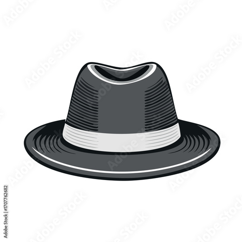 A stylized illustration of a classic fedora hat, featuring a white band.