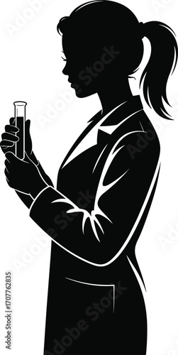 Silhouette of female scientist examining test tube, woman lab technician in lab coat, scientific research and medical analysis concept.