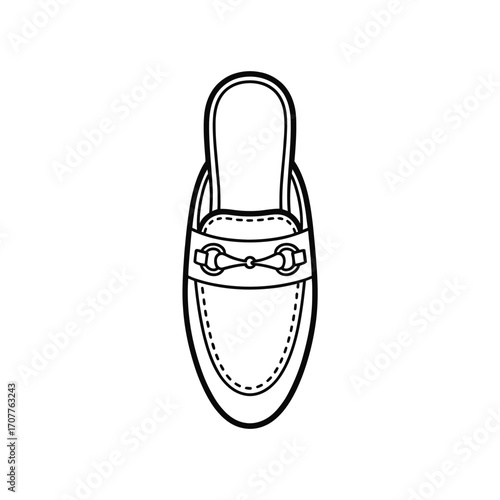 Elegant black and white sketch of a classic horsebit mule shoe