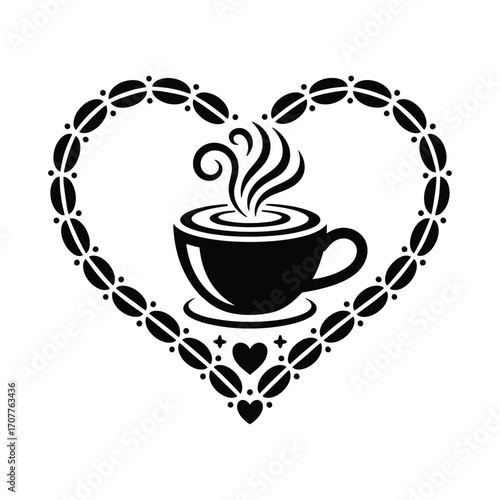 Heart shaped coffee bean border with steaming coffee cup