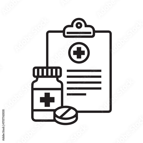 Medical prescription and medication line icon. Vector graphic of a patient's chart, medicine bottle, and pill for healthcare concepts.
