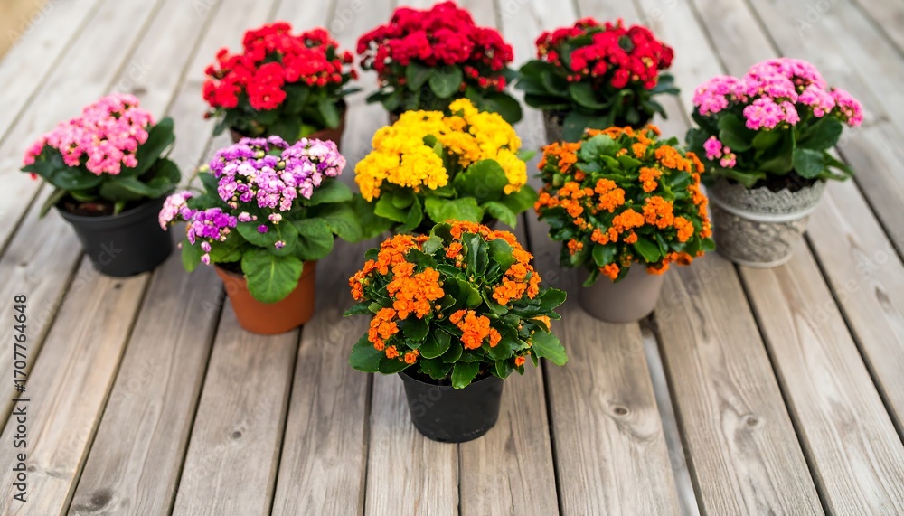 Fototapeta premium Colorful potted plants on a wooden deck