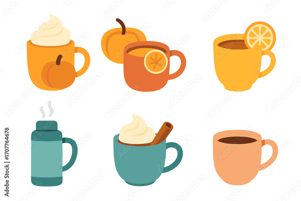 Obraz premium Autumn drinks flat icon set. featuring pumpkin spice, hot cider, tea with lemon, thermos, and cinnamon latte symbols